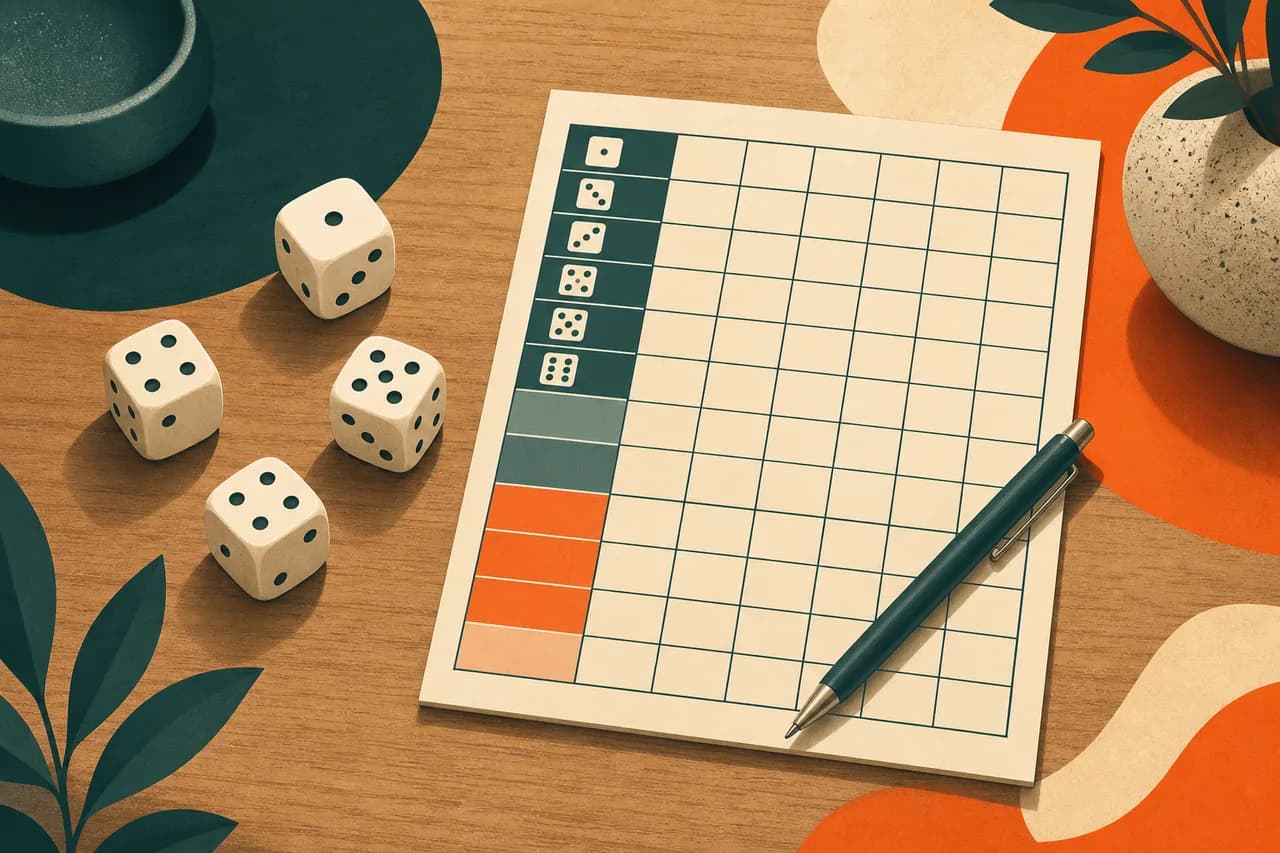 Dés et grille de score pour viser la partie haute au Yams